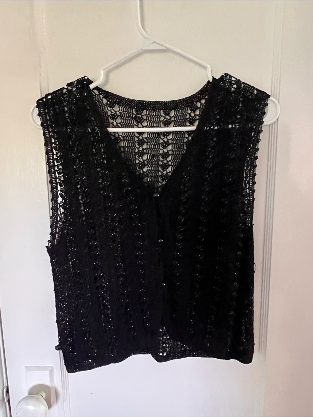 Vintage Black Crochet/Beaded Button-Front Women's Top